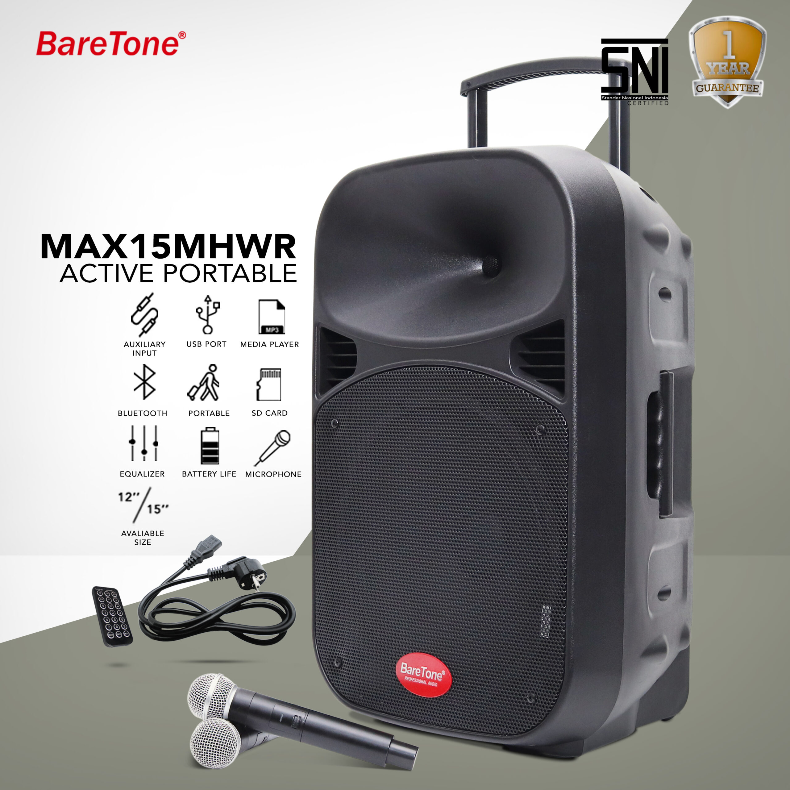 BareTone Speaker Portable MAX15MHWR Speaker Bluetooth 15 Inch Mini Portable Support Micro SD & USB